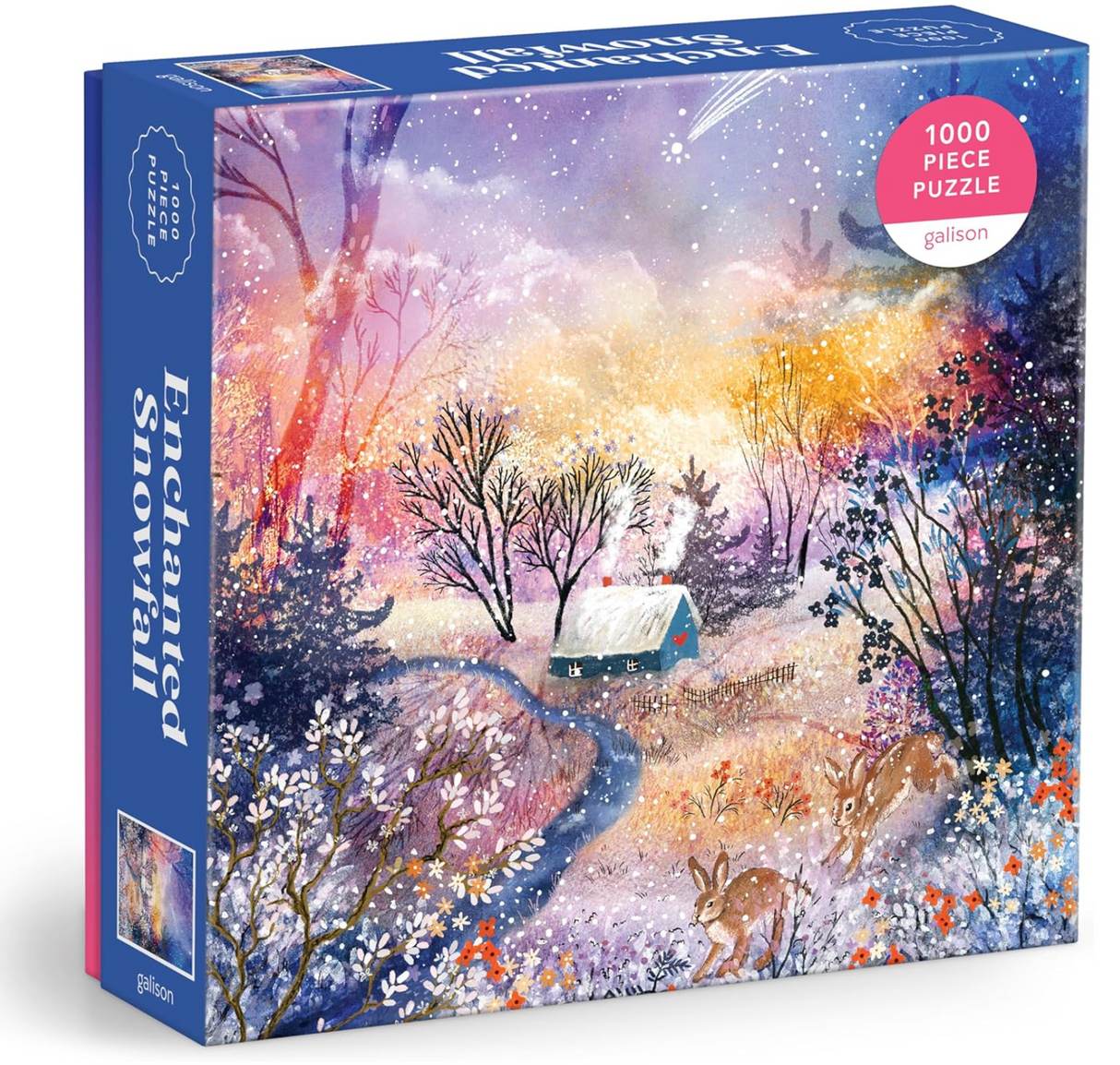 1000pc Enchanted Snowfall Puzzle featuring a magical winter landscape with wildlife under a starry sky.