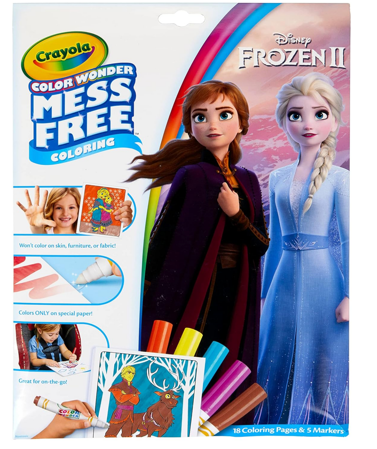 Color Wonder | Frozen coloring set with 18 pages, 5 markers, mess-free fun featuring Elsa and Anna from Frozen II.