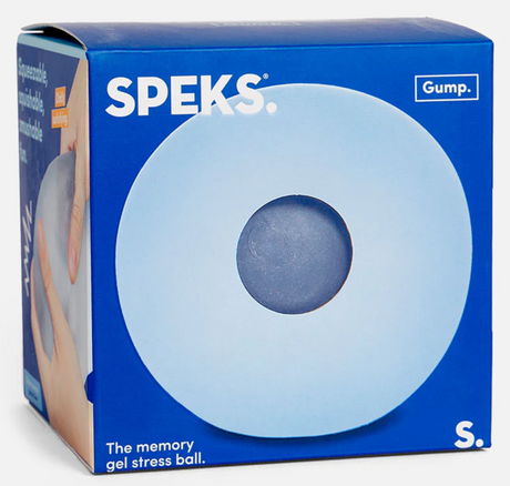 Speks. Gump Jumbo Dew memory gel stress ball in blue with soft outer shell and gooey gel filling in retail box.