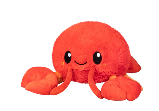 Plush, friendly Lobster toy in bright red, measuring 20x11x7 inches, perfect for ages 0 and up.