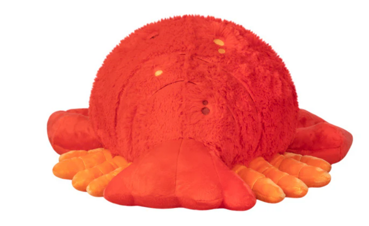 Lobster plush toy in bright red and orange, soft and cuddly, measuring 20 by 11 by 7 inches.