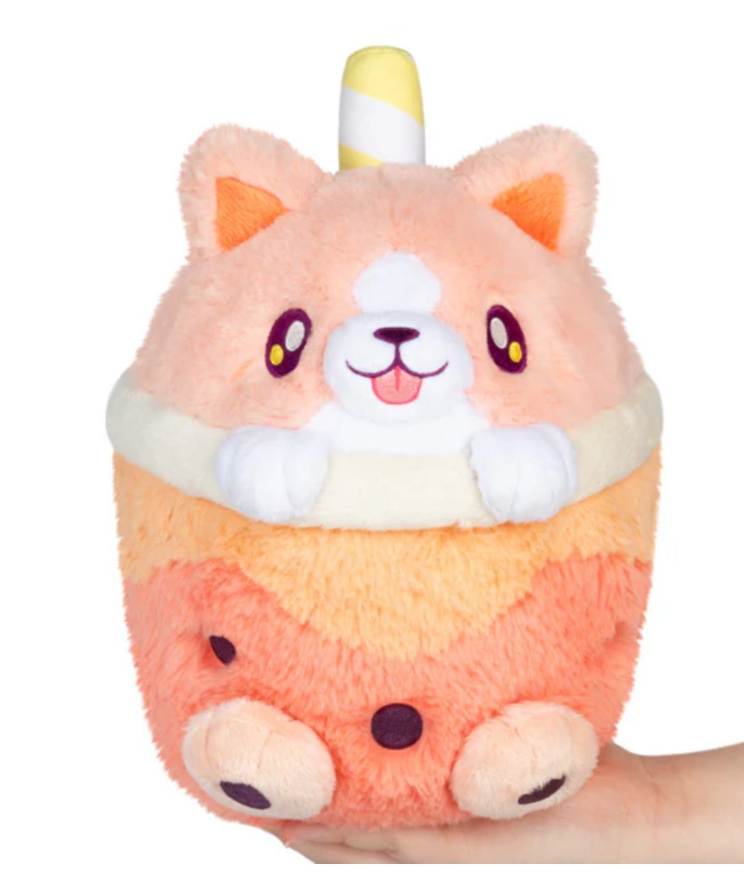 Corgi Bubble Tea Mini plush toy in soft pastel colors shaped like a playful corgi inside a boba cup.