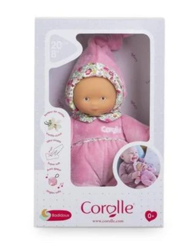 Babidoux Blossom Garden soft baby doll in pink outfit with floral hood, perfect for babies 0+, in branded Corolle packaging.