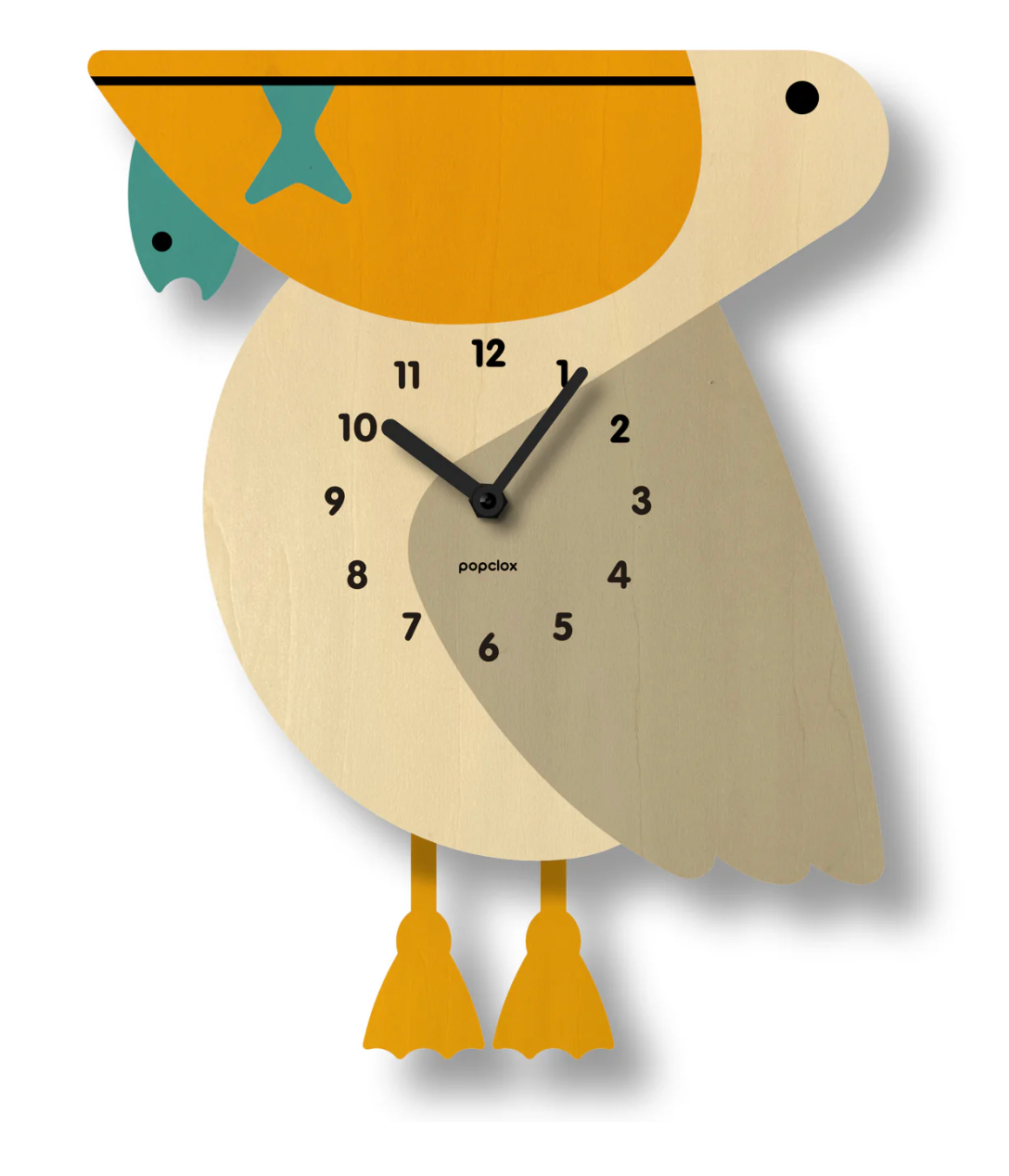 Wood Pendulum Clock | Pelican with swinging legs and fish design in natural wood finish, silent quartz pendulum movement.