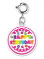 Confetti Cake Charm featuring colorful happy birthday letters and decorative gems on a round white charm.