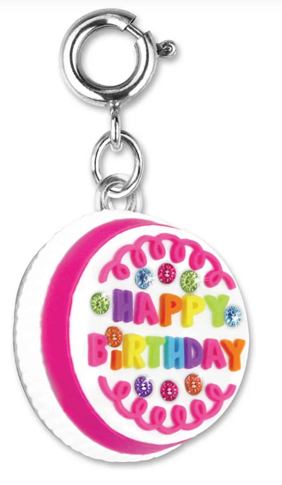 Confetti Cake Charm featuring a colorful happy birthday cake design with pink icing and decorative gems.