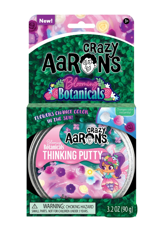 Blooming Botanicals Thinking Putty packaging with colorful flower charms that change color in sunlight for tactile play.