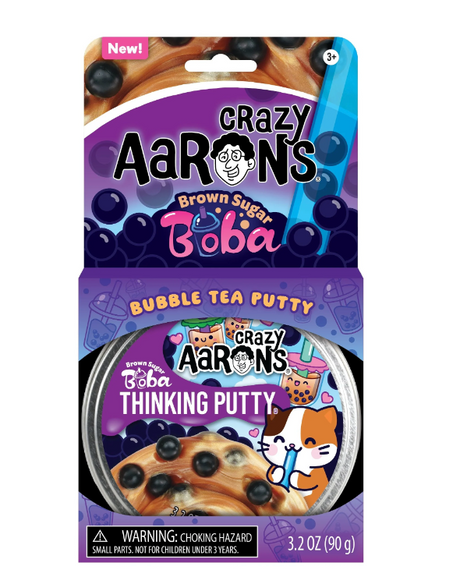 Packaging of Brown Sugar Boba Thinking Putty featuring brown sugar swirl putty with black boba beads and a cartoon cat design.