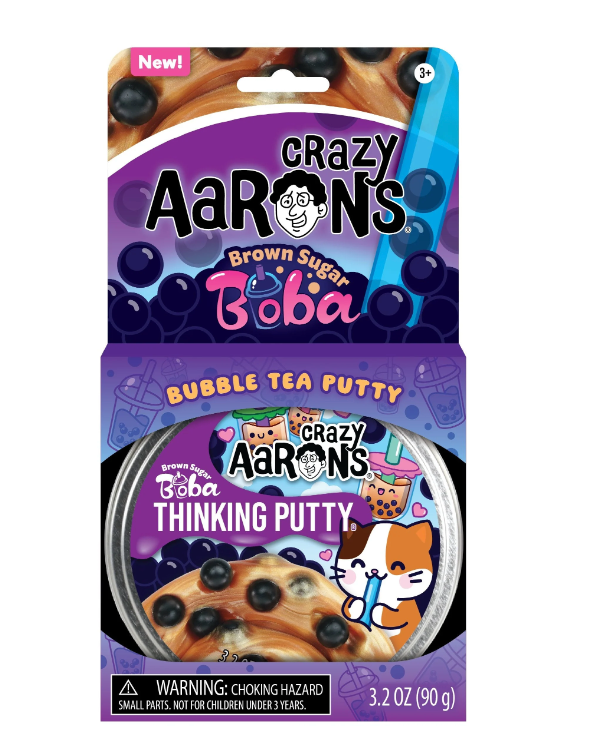 Packaging of Brown Sugar Boba Thinking Putty featuring brown sugar swirl putty with black boba beads and a cartoon cat design.