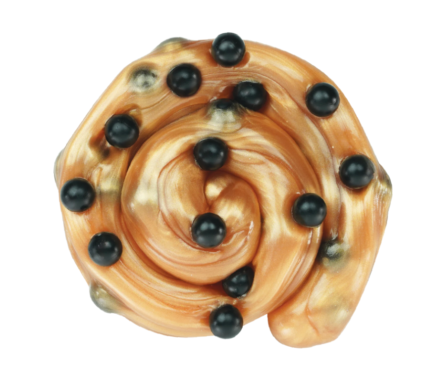 Brown Sugar Boba Thinking Putty with pearlescent brown color and black boba beads for tactile sensory play.