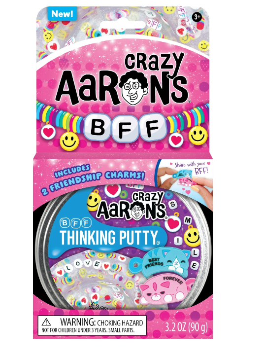 Crazy Aaron's BFF Thinking Putty with clear sparkly putty and two stackable BFF cat friendship charms.