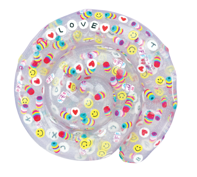 BFF Thinking Putty clear sparkly putty with colorful smiley, heart, and BFF charms inside for tactile play.