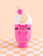 Pusheen Fruit Parfait plush with hot pink glass, white whipped cream, felt orange slice, and cherry on top.