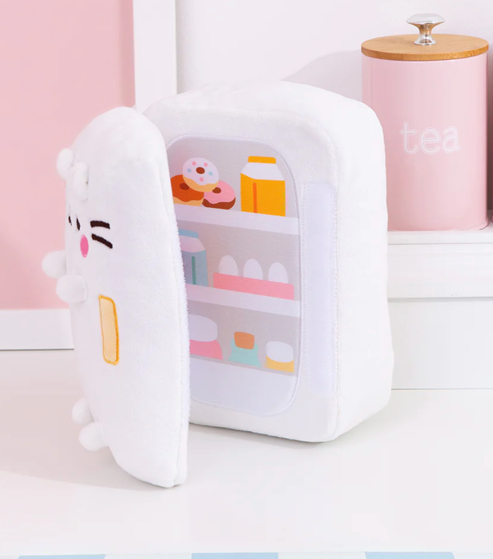 Pusheen Refrigerator plush with white tabby cat design, open door revealing colorful satin fridge interior with treats.