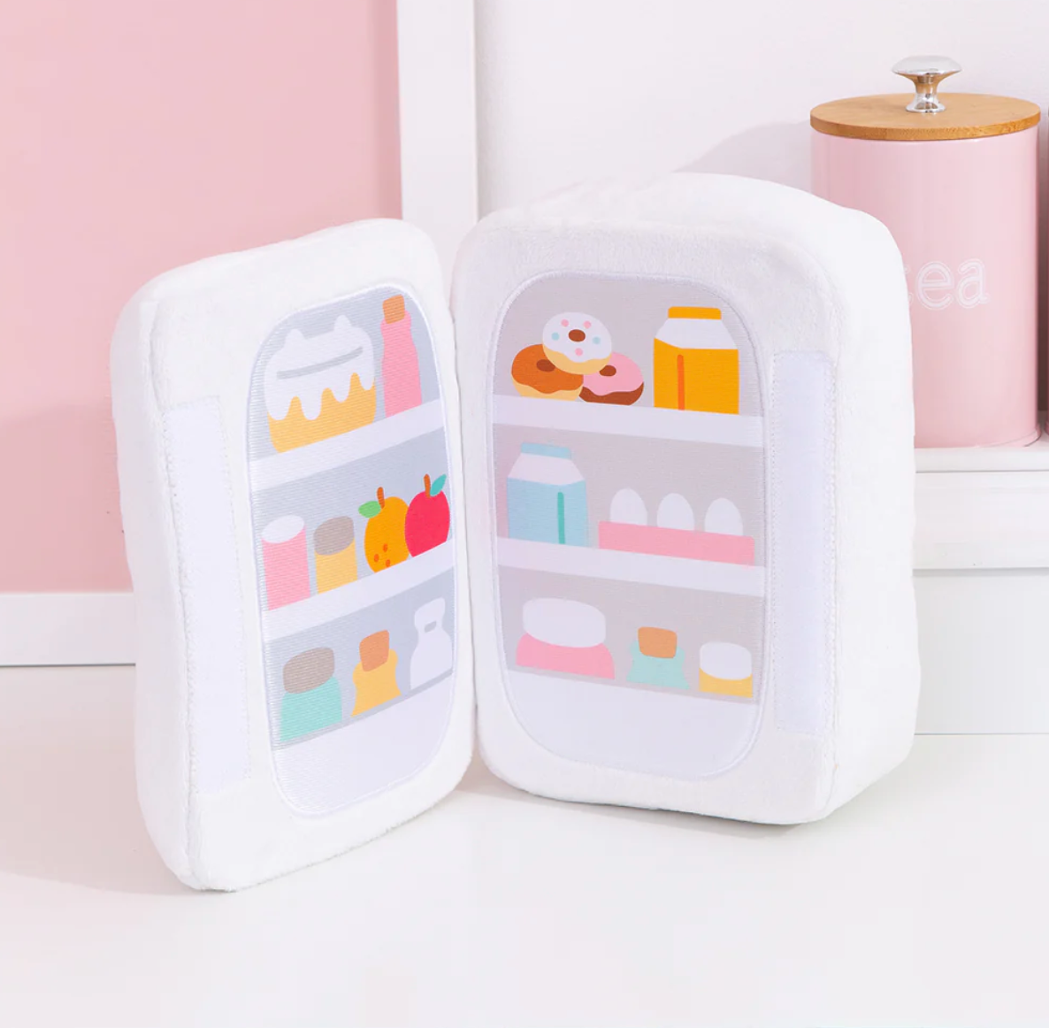 Pusheen Refrigerator plush open to show colorful satin-lined fridge interior with desserts and drinks inside.
