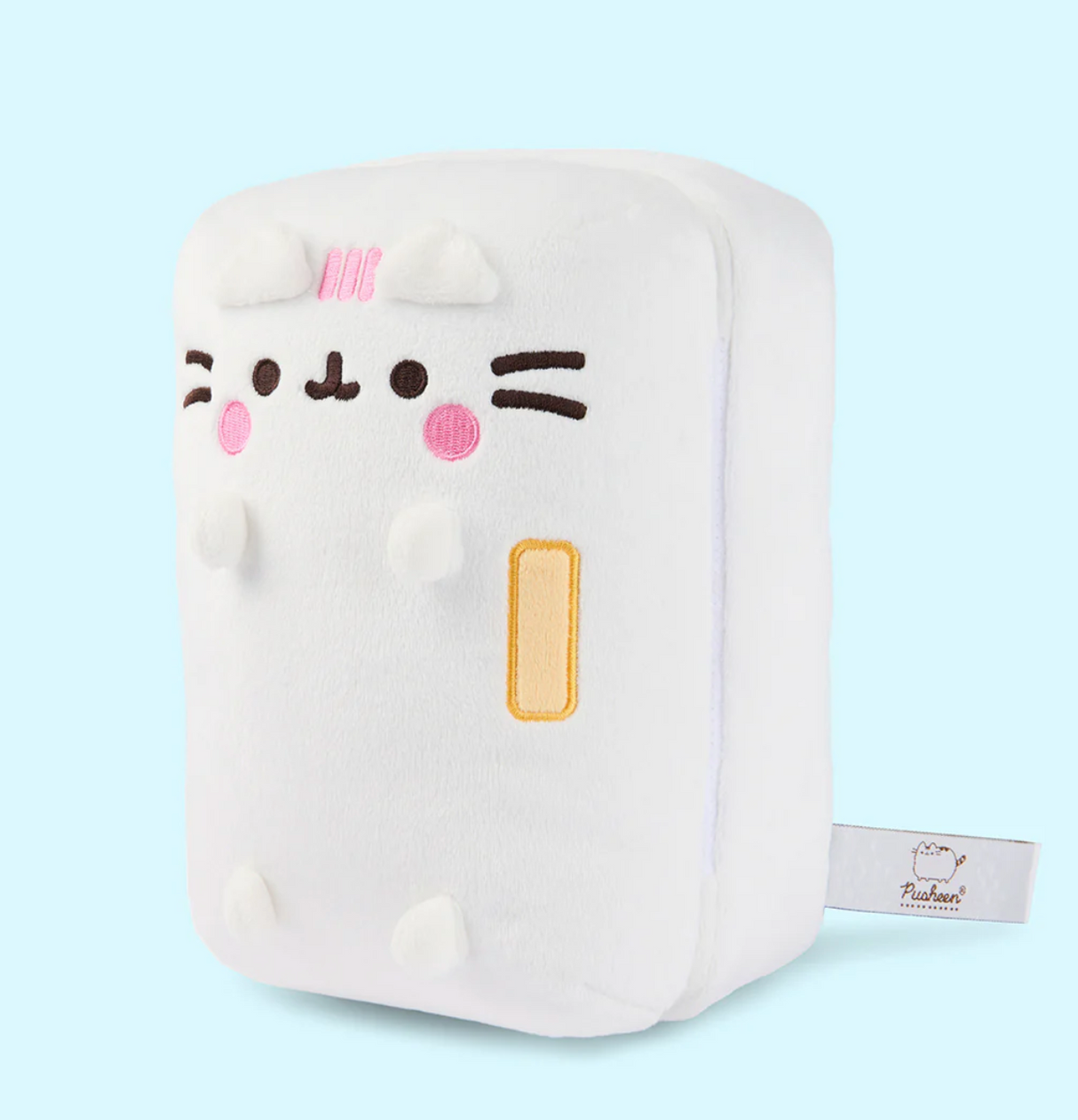 Pusheen Refrigerator plush toy shaped like a white fridge with embroidered cat face and pink stripes.