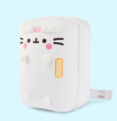Pusheen Refrigerator plush toy shaped like a white fridge with embroidered cat face and pink stripes.