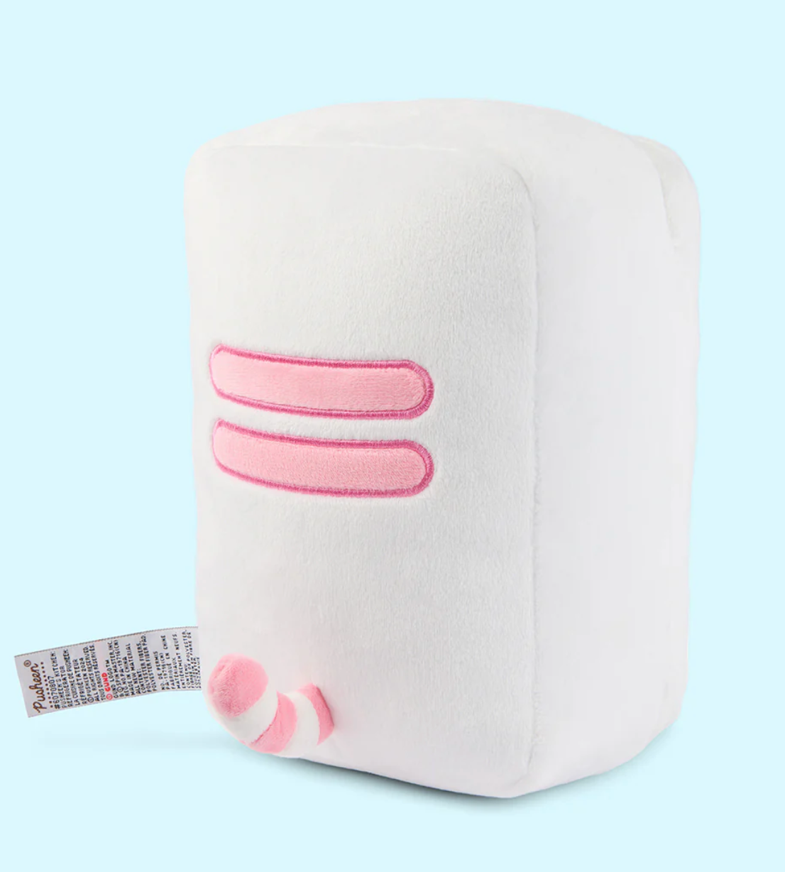 Pusheen Refrigerator plush showing white soft fabric with pink embroidered stripes and curled tail on light blue background