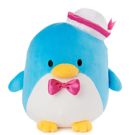 Tuxedosam plush toy with bright blue fur, yellow beak, pink satin bowtie, and white sailor cap with pink ribbon.