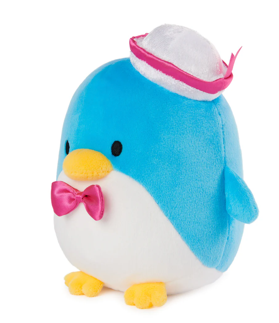 Tuxedosam plush toy, a 6-inch blue penguin with white sailor hat and pink bowtie, soft and cuddly Sanrio collectible.
