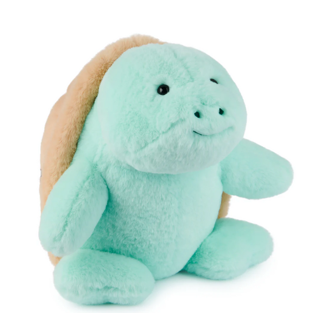 Snuffles Sea Turtle plush toy in soft mint with copper shell, sitting upright and smiling, perfect for cuddles and play.