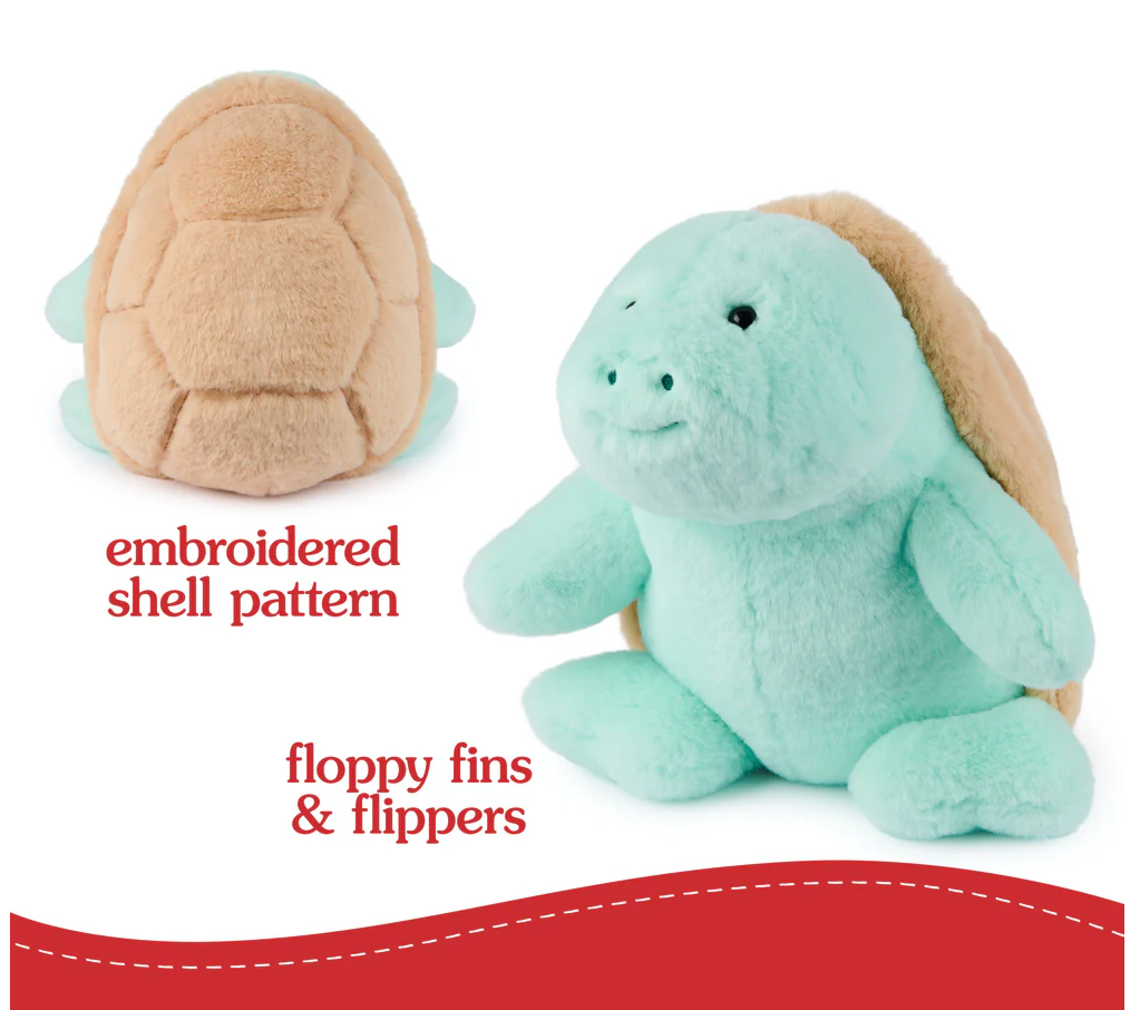 Snuffles Sea Turtle plush in soft mint with embroidered shell and floppy fins, designed for hugs and playtime.