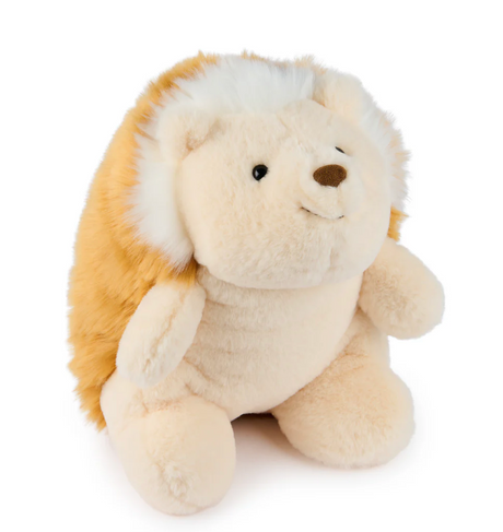 Snuffles Hedgehog plush with soft hazelnut-brown spines, white face patch, floppy arms, and huggable crescent shape.
