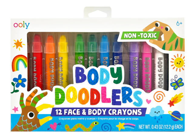 Body Doodlers Face & Body Crayons set of 12 vibrant, non-toxic, twist-up crayons for temporary face and body art.