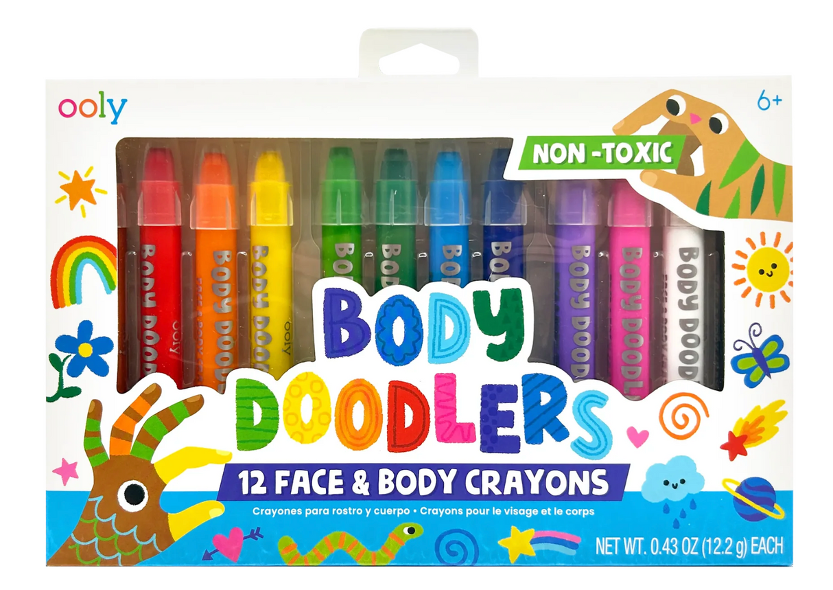 Body Doodlers Face & Body Crayons set of 12 vibrant, non-toxic, twist-up crayons for temporary face and body art.