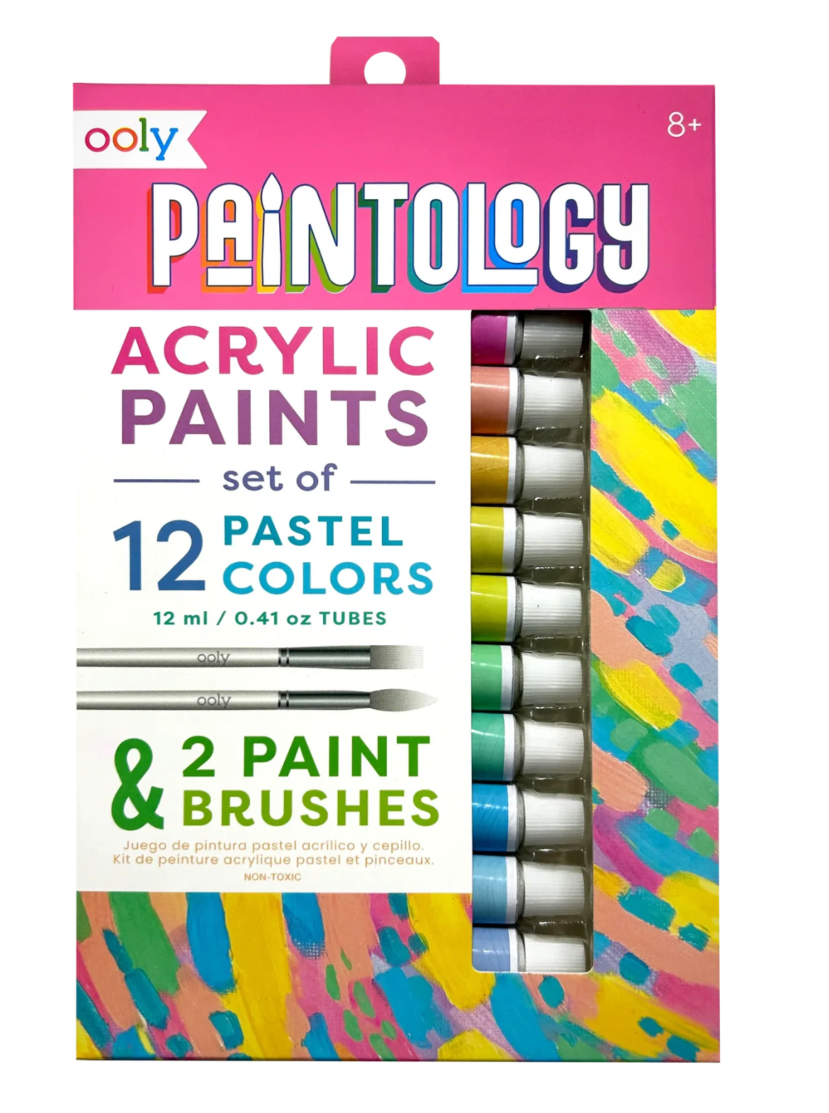Paintology Acrylic Paints | Pastels set with 12 pastel acrylic paint tubes and 2 paint brushes in colorful packaging.