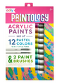 Paintology Acrylic Paints | Pastels set with 12 pastel acrylic paint tubes and 2 paint brushes in colorful packaging.