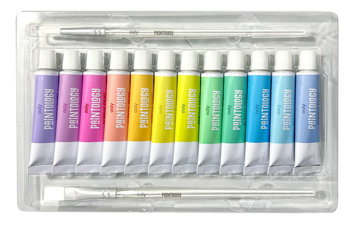 Paintology Acrylic Paints | Pastels set with 12 pastel acrylic paint tubes and 2 brushes in soft hues for artists.