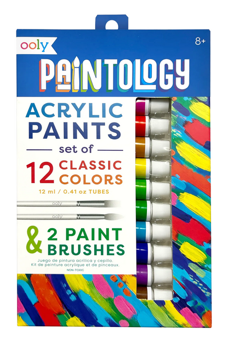Paintology Acrylic Paints | Classic set with 12 vibrant paint tubes and 2 brushes for creative acrylic painting projects.