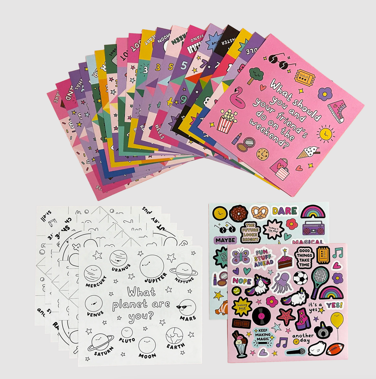 DIY Fortune Tellers Kit with colorful foldable sheets, color-in pages, and sticker sheets for creative fortune teller fun.
