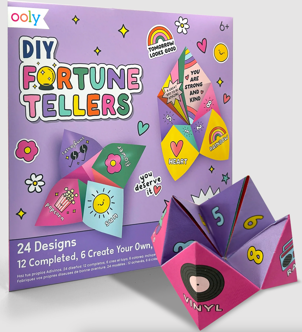 DIY Fortune Tellers Kit packaging with colorful paper fortune teller and 24 designs including completed and create-your-own options.