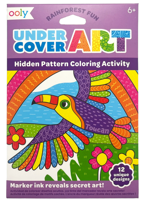 Undercover Art | Rainforest Fun coloring set with hidden patterns revealed by marker ink, featuring a colorful toucan illustration.