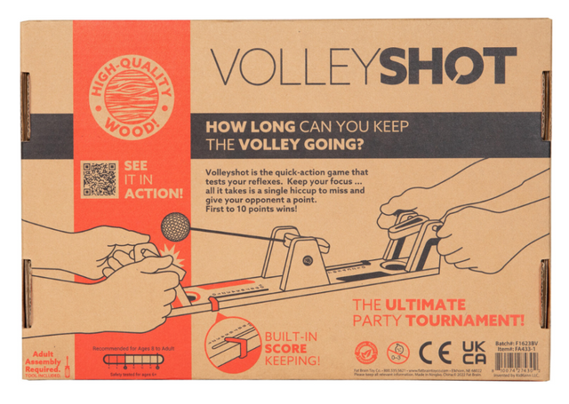 VolleyShot game box showing wooden paddles and ball for a reflex and hand-eye coordination challenge.
