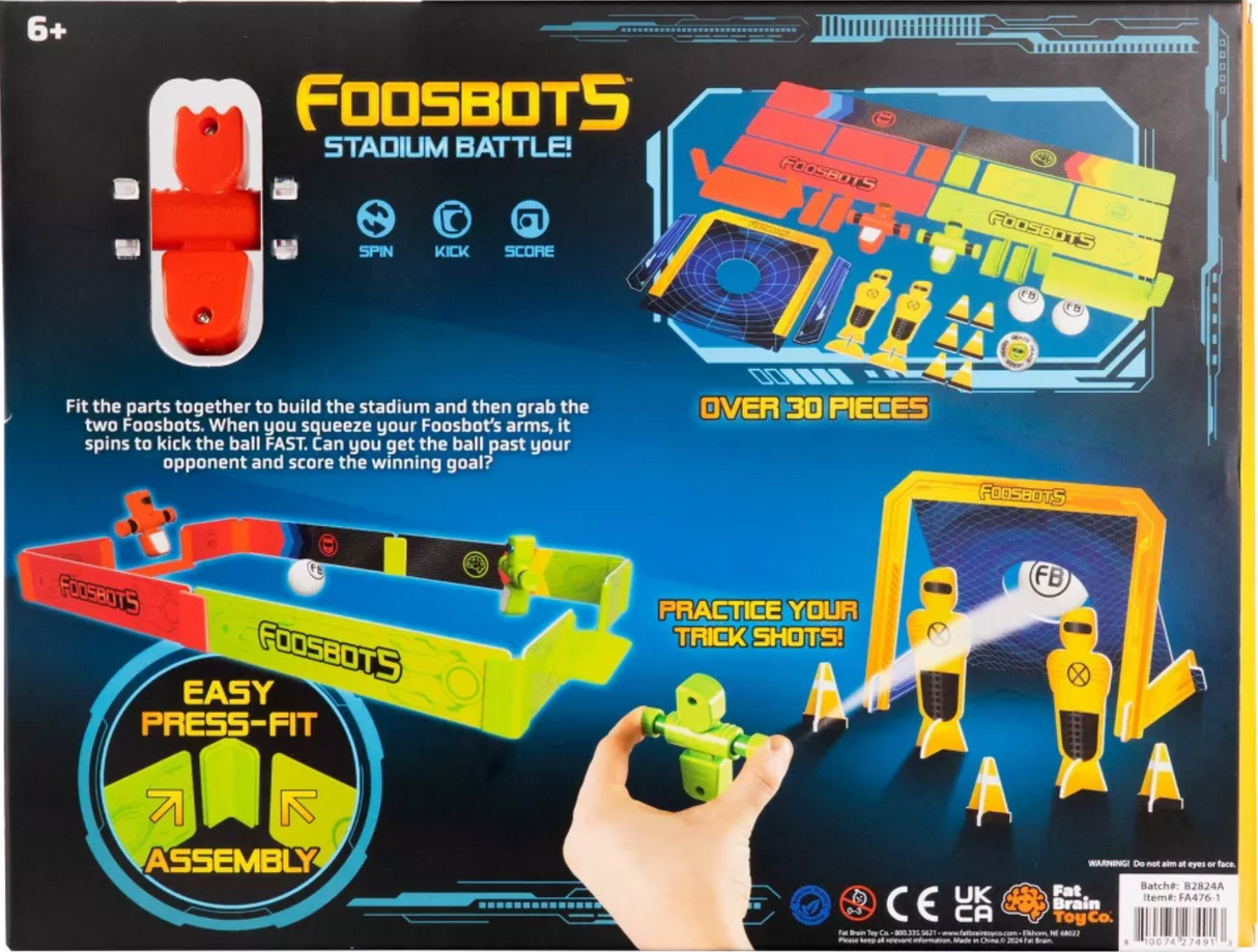 Foosbots Stadium Battle set packaging showing buildable stadium, two Foosbots, balls, and included training gear pieces.