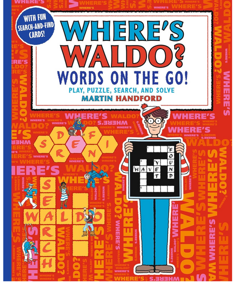 Where's Waldo Words on the Go! book cover featuring Waldo with a crossword puzzle and vibrant word game graphics.