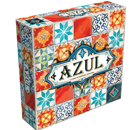 Azul board game box featuring vibrant tile designs inspired by Portuguese azulejos for creative mosaic play.