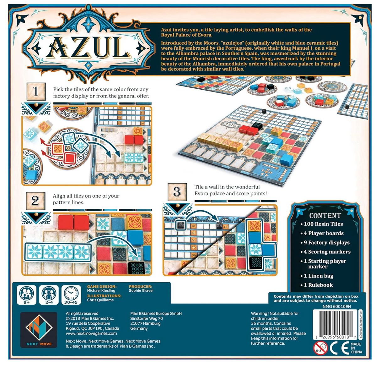 Azul board game showing colorful tiles arranged on player boards for mosaic creation and scoring points.