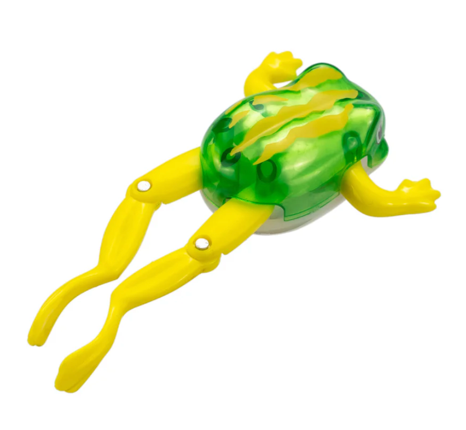 Z Wind Ups | Frog Froggy bath toy with green body and yellow legs, designed to swim when wound up for kids age 3 and up.