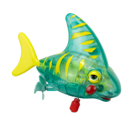 Z Wind Ups | Tiger Shark Seymore bath toy with bright yellow stripes and movable fins for kids ages 3 and up.