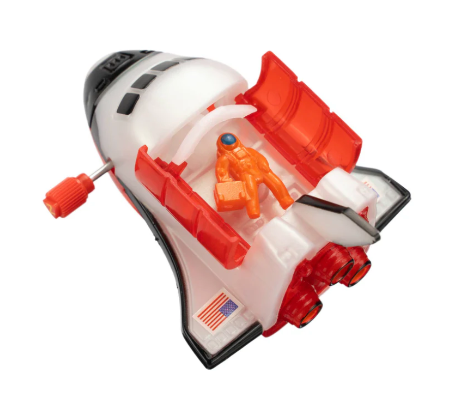 Z Wind Ups | Space Shuttle Moony wind-up toy with open cargo bay and astronaut inside ready for spacewalk.