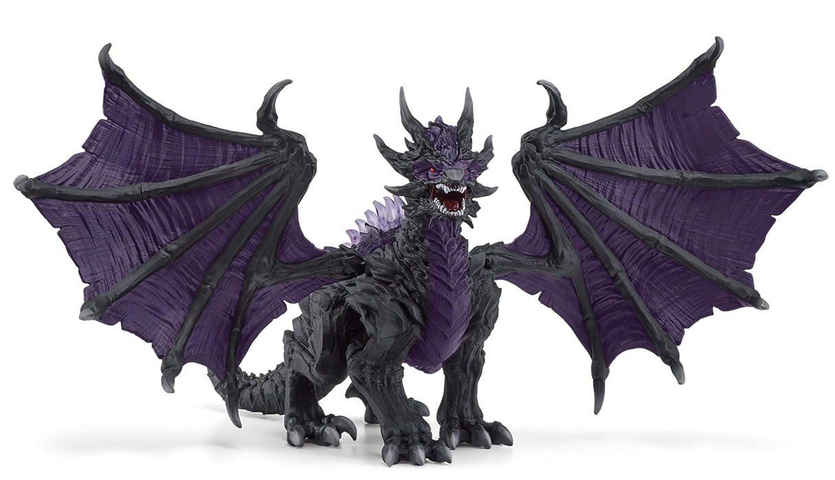 Eldrador Creatures | Shadow Dragon figurine with black and purple wings posed with open mouth and spread wings.