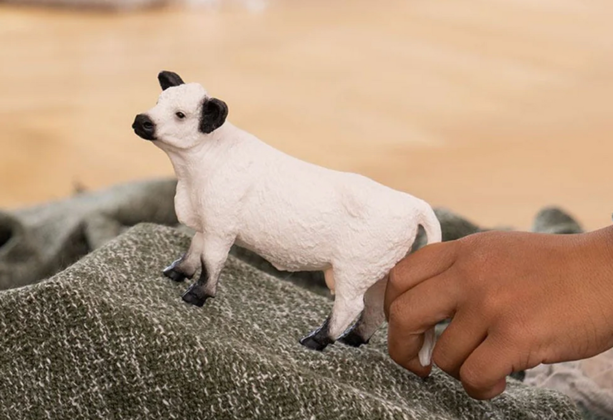 Child’s hand playing with a white Galloway Cattle toy on a textured green surface, perfect for imaginative play.