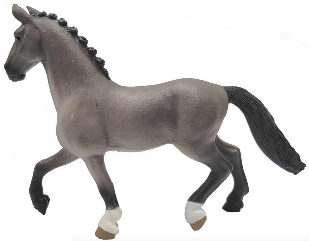 Horse Cheval de Selle Francais Stallion figurine with braided mane in elegant trot pose ready for show jumping.