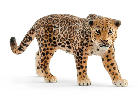 Jaguar toy figure showing detailed flower-shaped spots and lifelike posture for ages 3 and up.