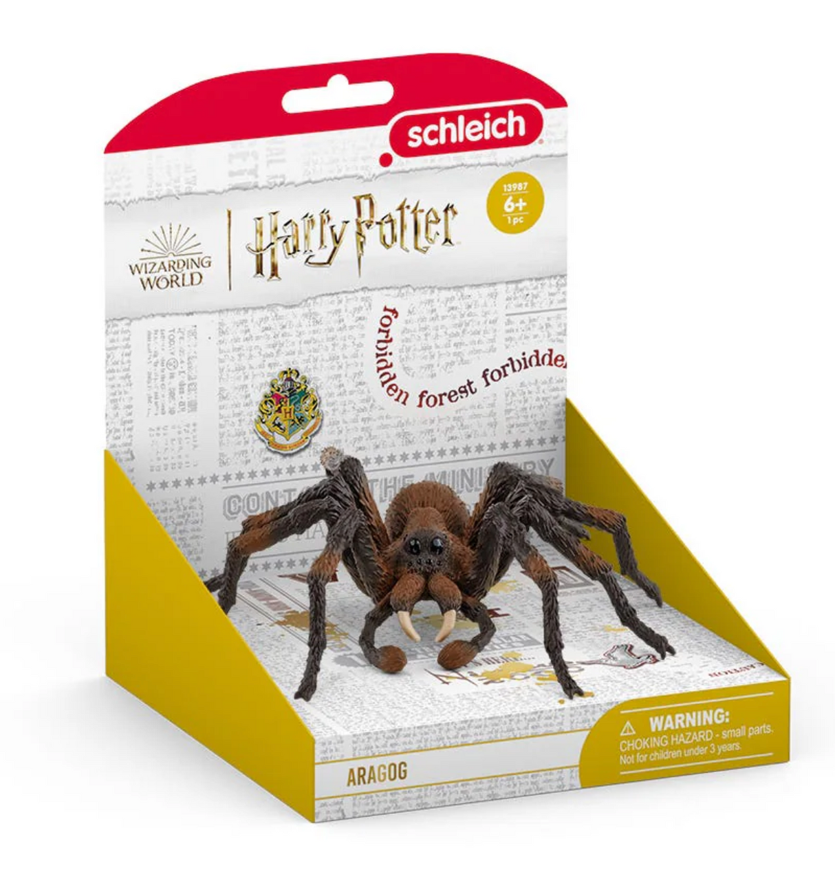 HP Aragog toy figure with eight eyes and hairy legs in Harry Potter-themed packaging for age 6 and up.