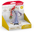 HP Dumbledore & Fawkes figurine with raised wand and red phoenix Fawkes, dressed in detailed robe and hat.
